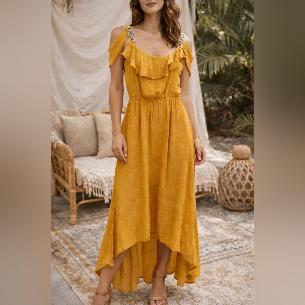Luxology Mustard Yellow Maxi Dress M Ruffle Chain Strap Tiered Boho